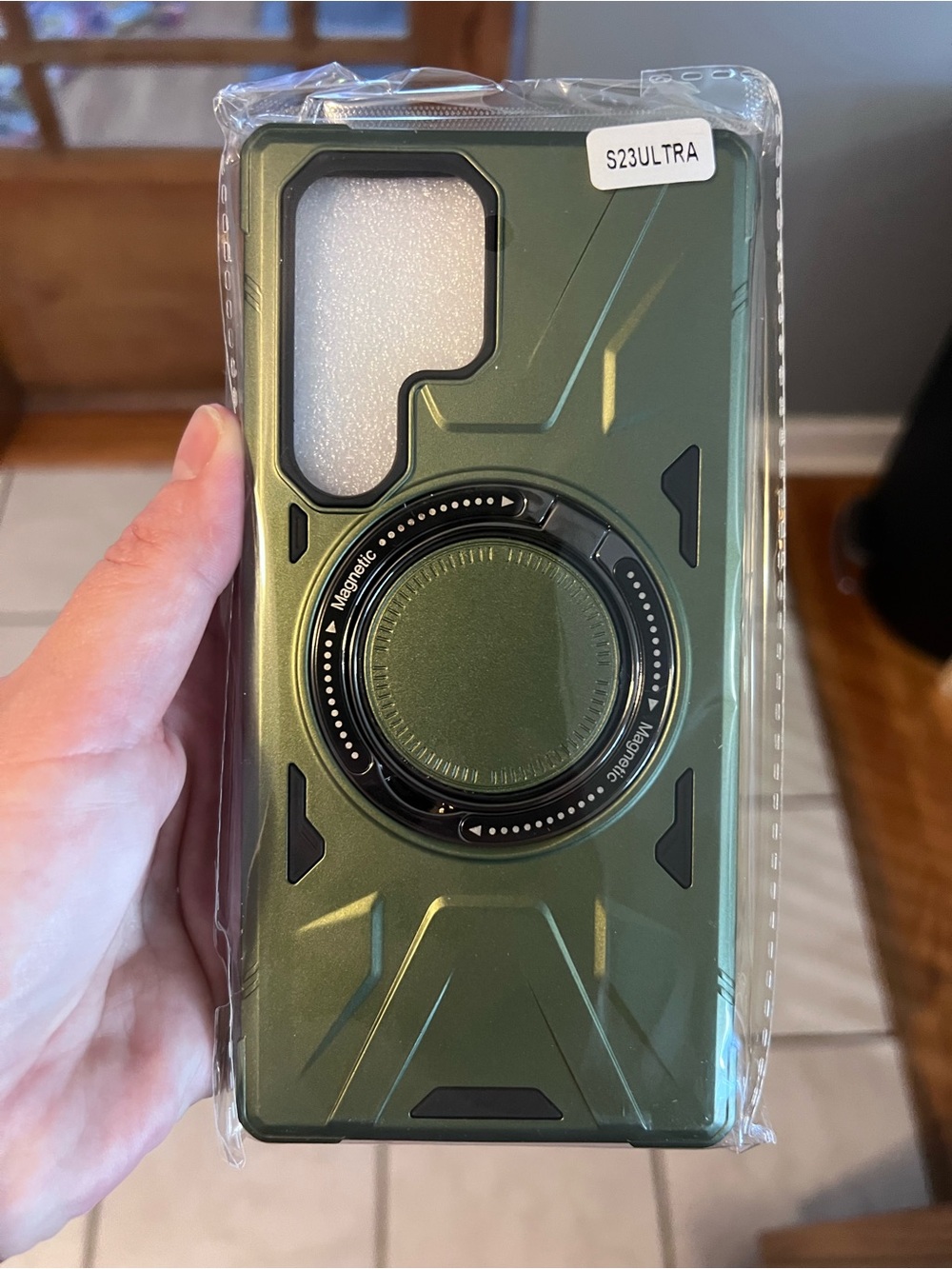 Samsung Magnetic Green Rugged Phone Case for S23 Ultra with ring stand